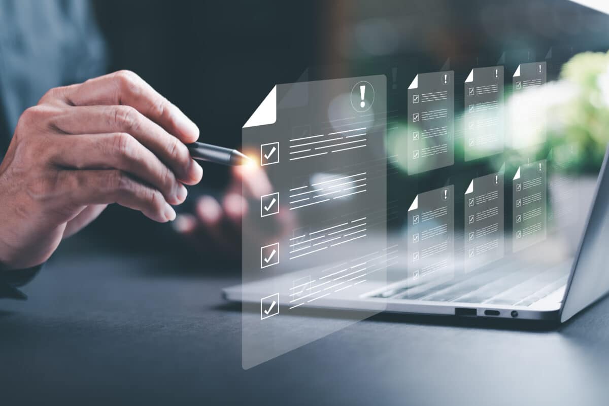 Businessman checking the steps through a virtual online document